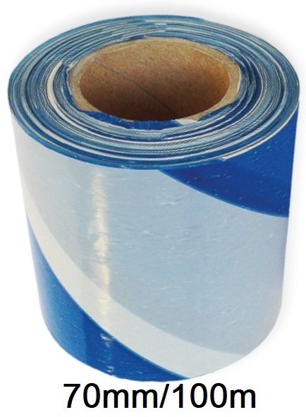 Taśma ostrzegawcza wygrodzeniowa 70mm/100m biało NIEBIESKA /PAPER-TECH