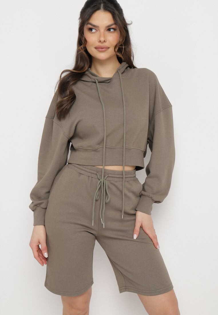 Zielony Komplet Dresowy z Bluzą z Krótkimi Rękawami i Szortami Helgia