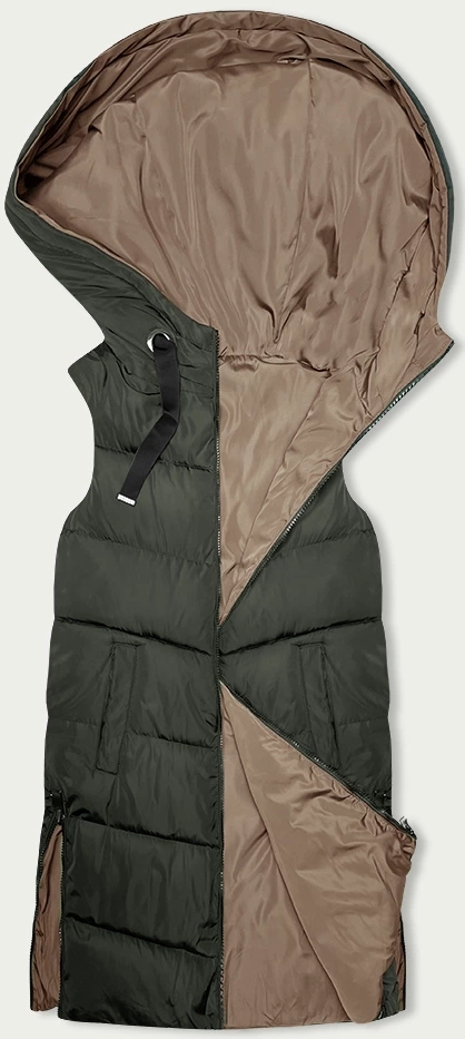 Długa kamizelka damska dwustronna khaki-beż (B8248-11) - S'WEST