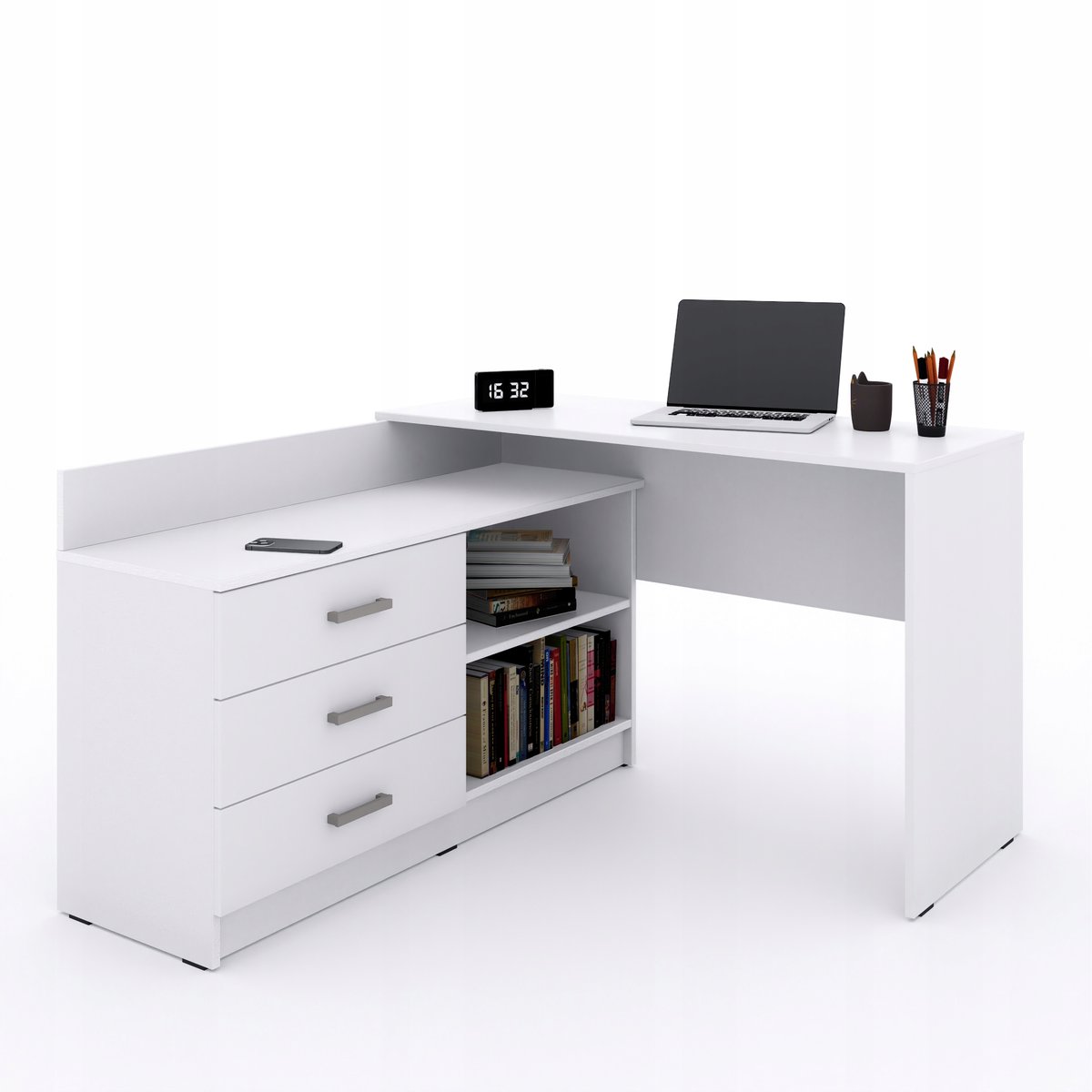 Funkcjonalne biurko narożne Omega w kształcie litery L - 3 szuflady