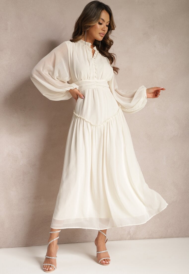 Jasnobeżowa Elegancka Sukienka w Stylu Vintage z Powlekanymi Guzikami i Marszczeniami Lefandia