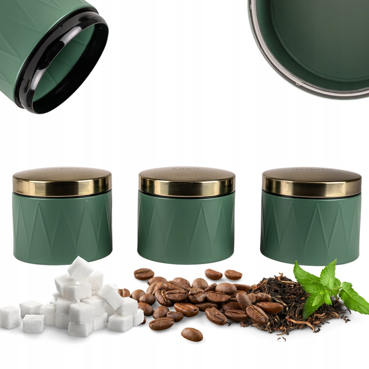 Komplet Zestaw Pojemników 3 Szt Kawa Herbata Cukier Na Produkty Sypkie