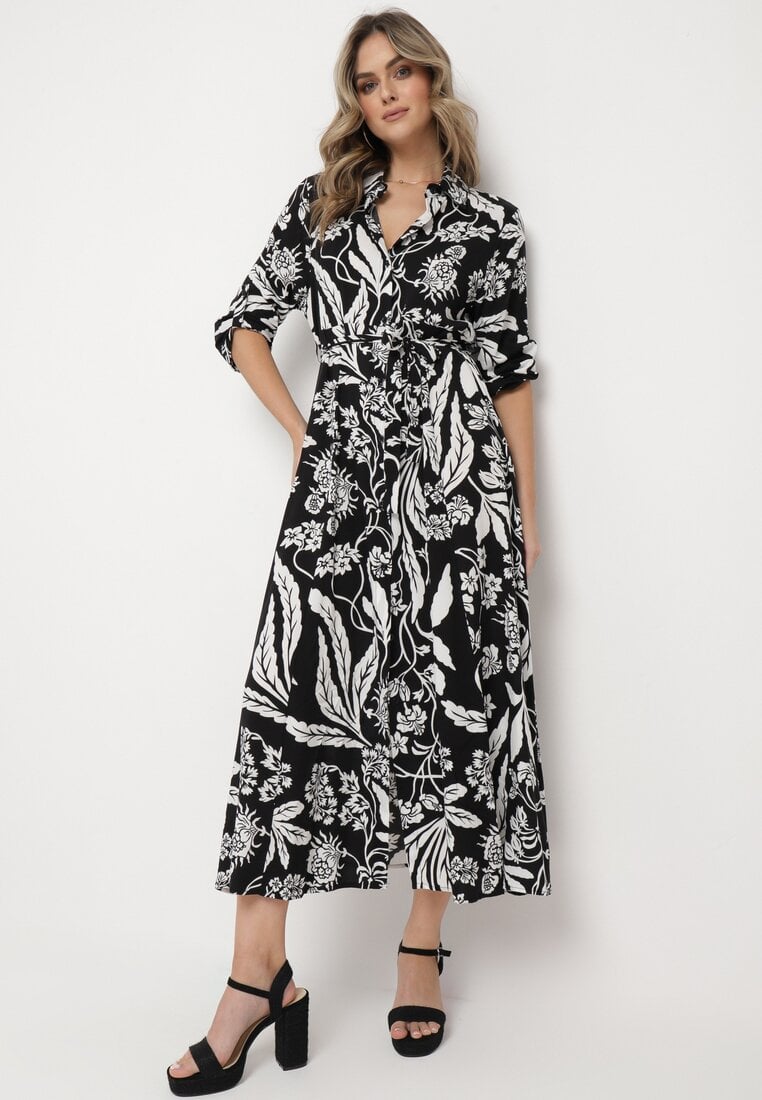 Czarna Koszulowa Sukienka z Roślinnym Wzorem z Wiązanym Paskiem Rosallen