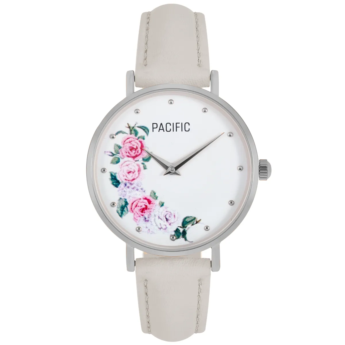 Srebrny damski zegarek z kwiatami na tarczy PACIFIC X6138-01