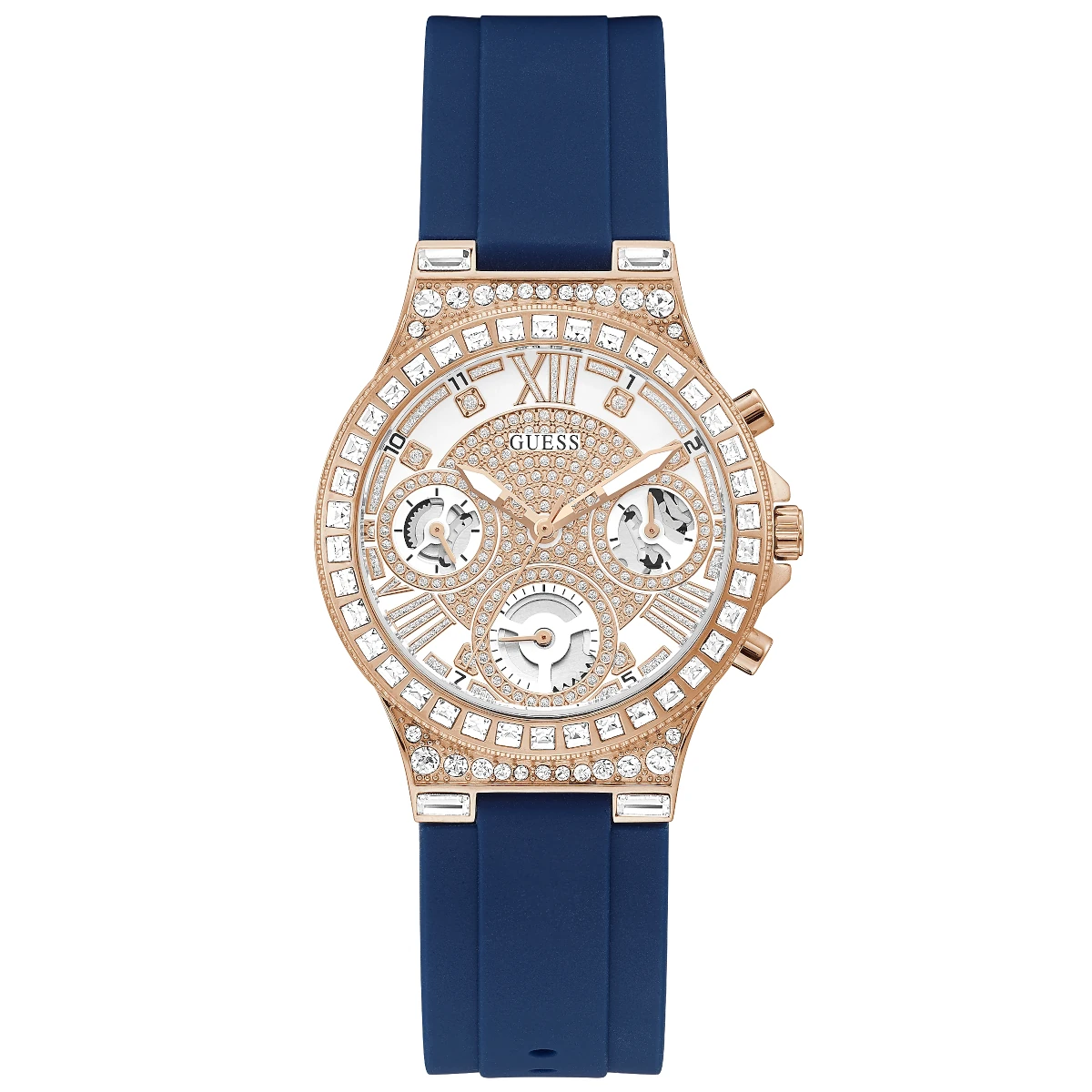 Różowozłoty zegarek Guess Moonlight na granatowym pasku z kryształami GW0257L3