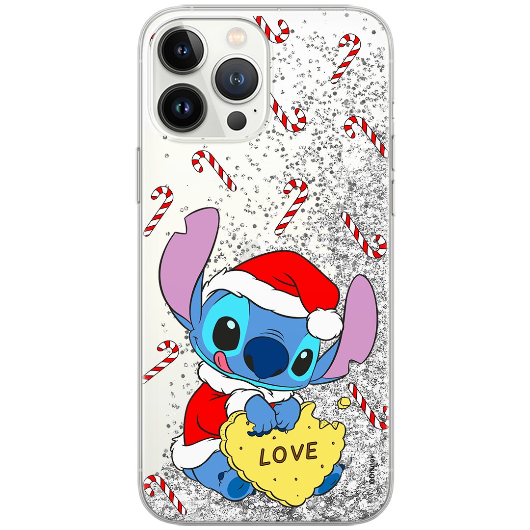 Etui płynny brokat do Apple IPHONE 14 PRO Disney: Stich 010 oryginalne i oficjalnie licencjonowane, Srebrny
