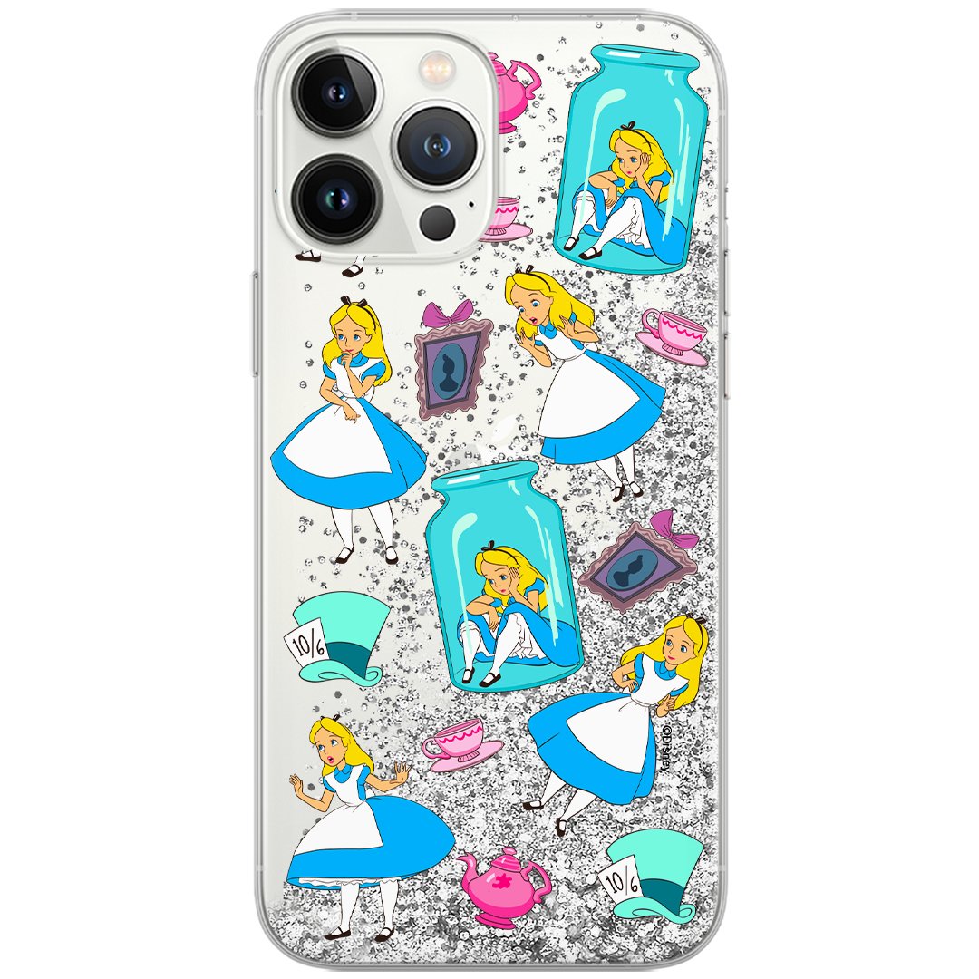 Etui płynny brokat do Apple IPHONE 12 / 12 PRO Disney: Alicja 011 oryginalne i oficjalnie licencjonowane, Srebrny