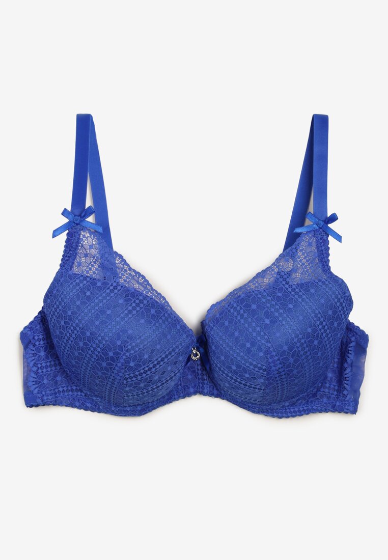 Granatowy Biustonosz Push Up Ozdobiony Koronką i Cyrkoniami Verikellia