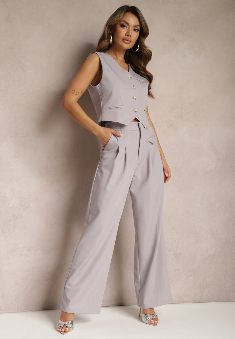 Szare Eleganckie Spodnie Garniturowe z Wysokim Stanem Lainiva