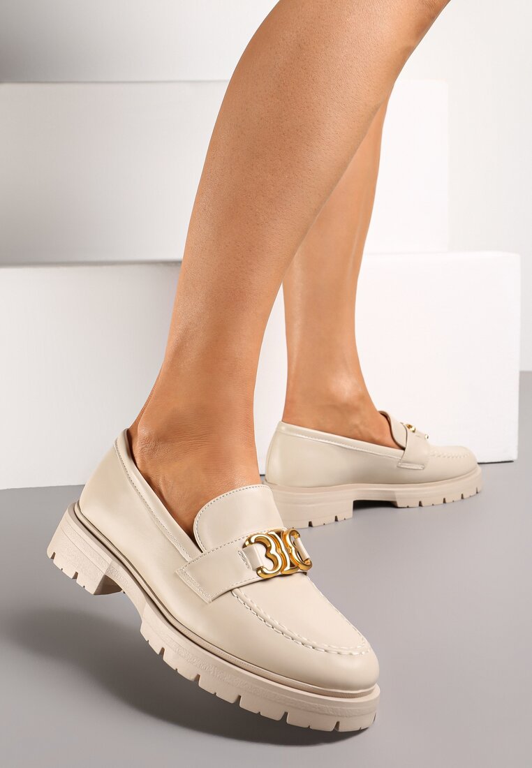 Beżowe Eleganckie Mokasyny Ozdobione Klamerką i Przeszyciem z Przodu Nastra