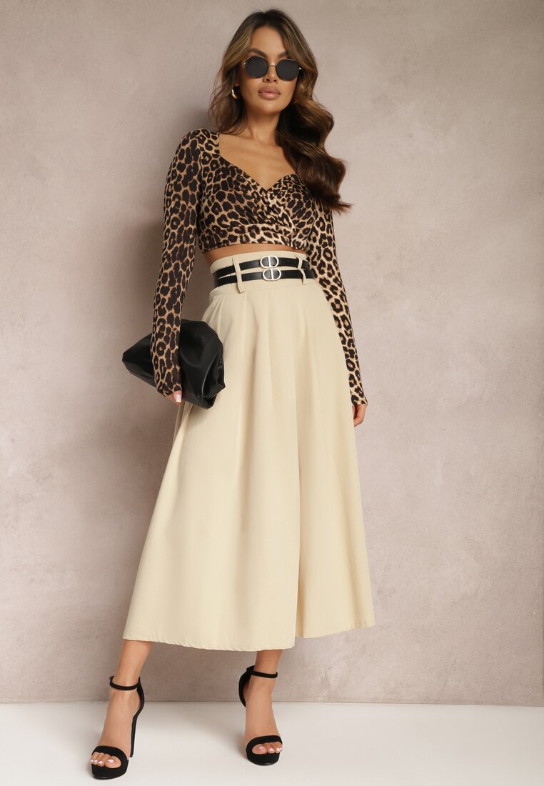 Beżowa Rozkloszowana Spódnica Plisowana z Dwoma Paskami z Klamrami Jaleara