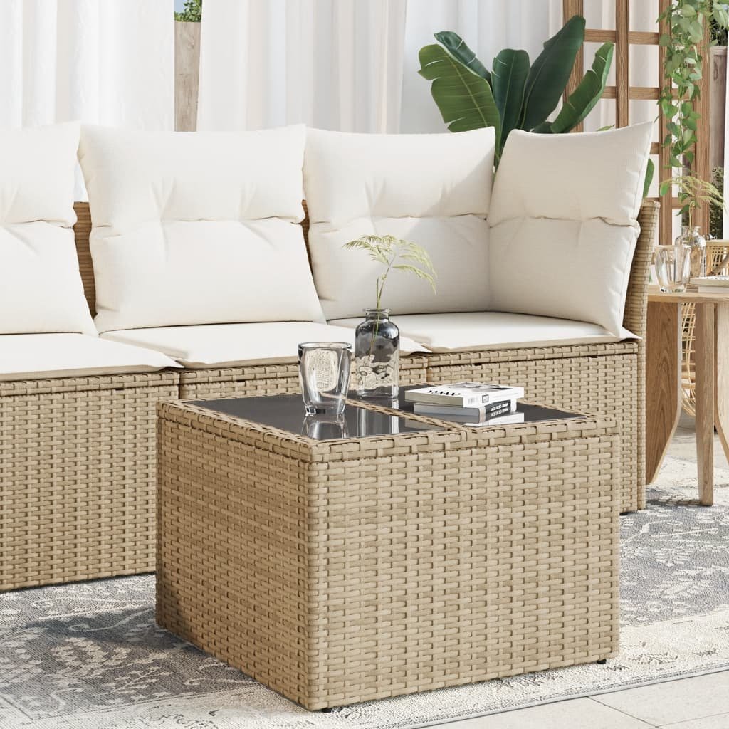 vidaXL Stół ogrodowy ze szklanym blatem, beżowy 55x55x37 cm, rattan PE