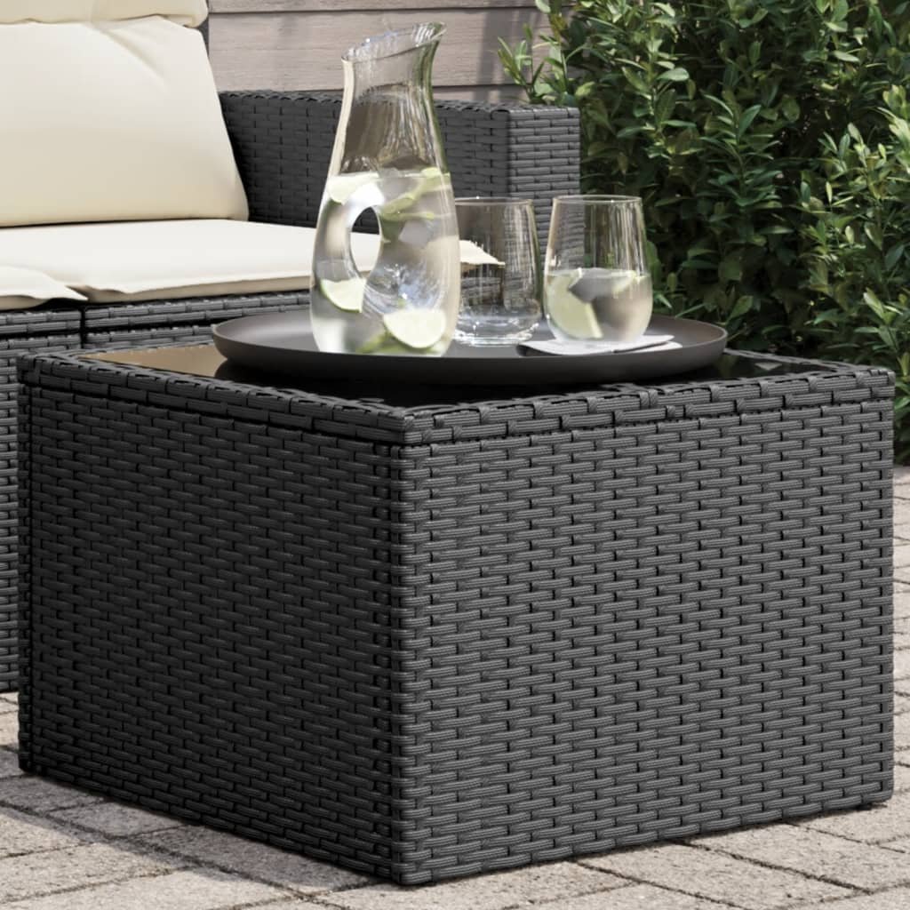 vidaXL Stół ogrodowy ze szklanym blatem, czarny, 55x55x37cm, rattan PE