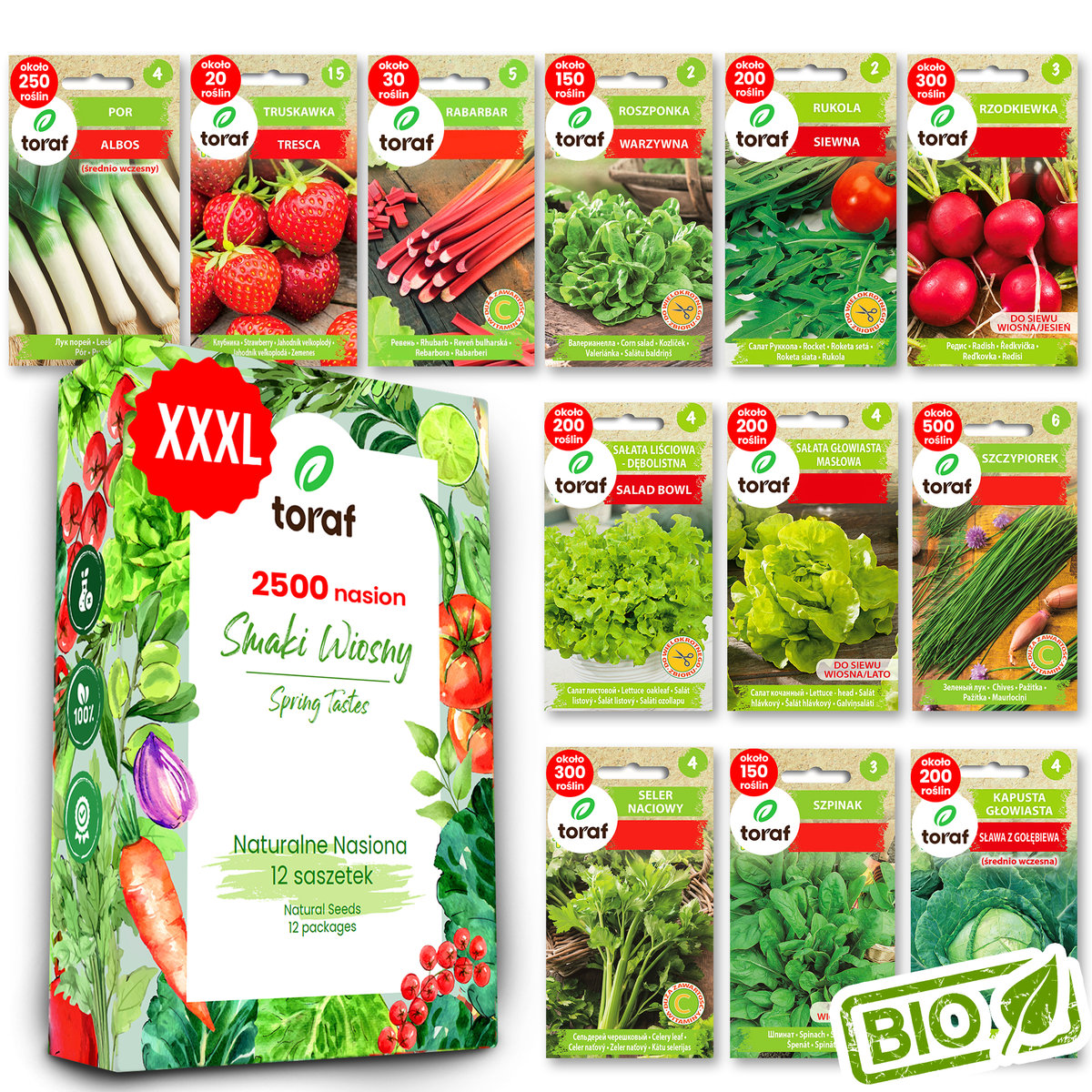 Nasiona warzyw TRUSKAWKA RABARBAR SZPINKA RUKOLA SAŁATA SELER 12 SZTUK