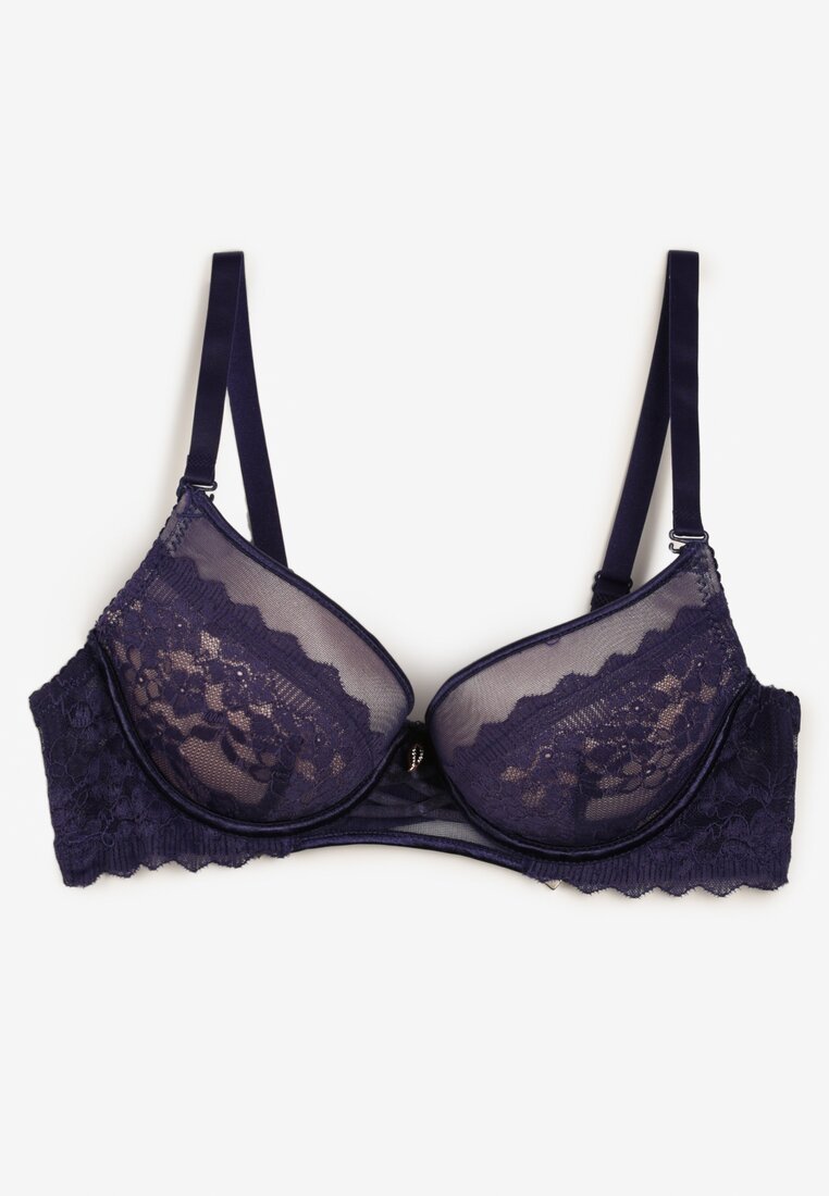 Granatowy Biustonosz Push-Up z Koronką Alorive