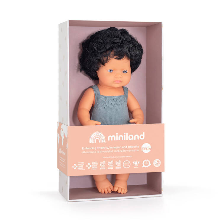 Lalka chłopiec Colourful Edition Miniland Doll - Europejczyk Czarne Kręcone Włosy 38cm