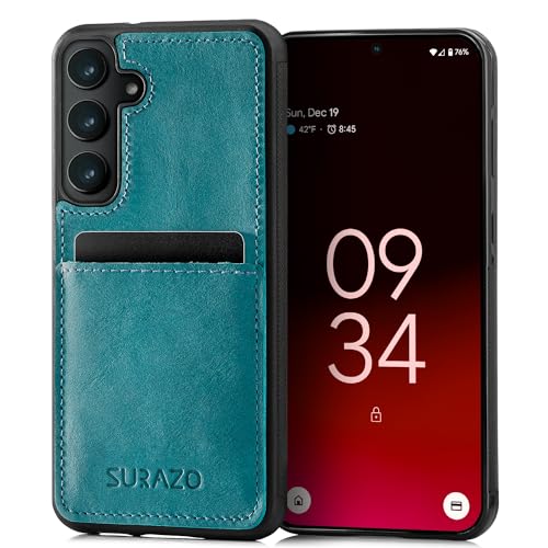 SURAZO Etui na telefon komórkowy Samsung Galaxy S24 z prawdziwej skóry premium – odporne na uderzenia skórzane etui na telefon komórkowy z przegródką na karty, breloczkiem do kluczy; etui typu bumper,