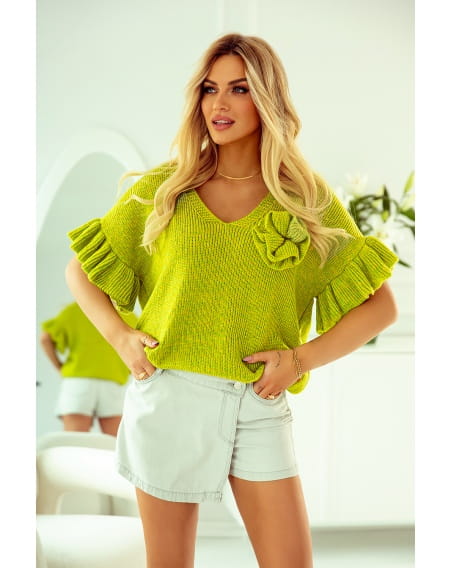 KRÓTKI SWETER LEXI Z KWIATKIEM POLSKI PRODUCENT J&K PREMIUM -  LIMONKA
