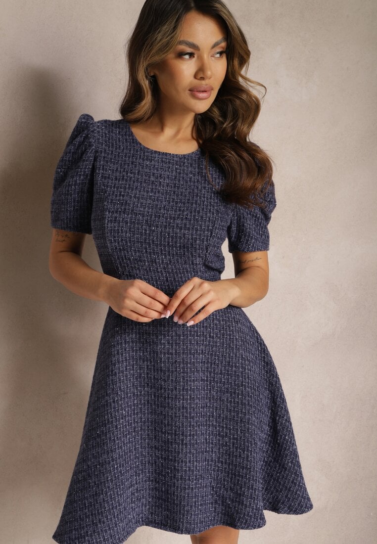 Niebieska Rozkloszowana Sukienka Mini z Lekko Bufiastymi Rękawkami Merridia