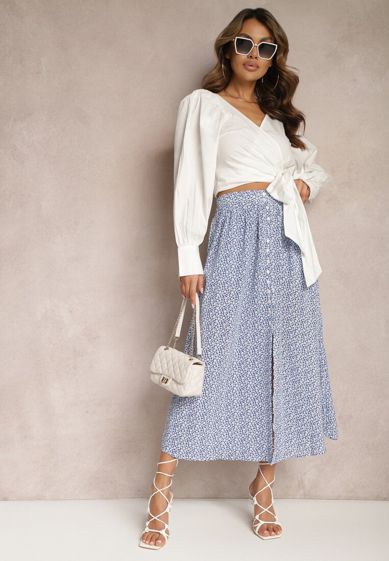 Niebieska Rozkloszowana Spódnica z Wiskozy w Kwiatowy Wzór z Guzikami Moragi