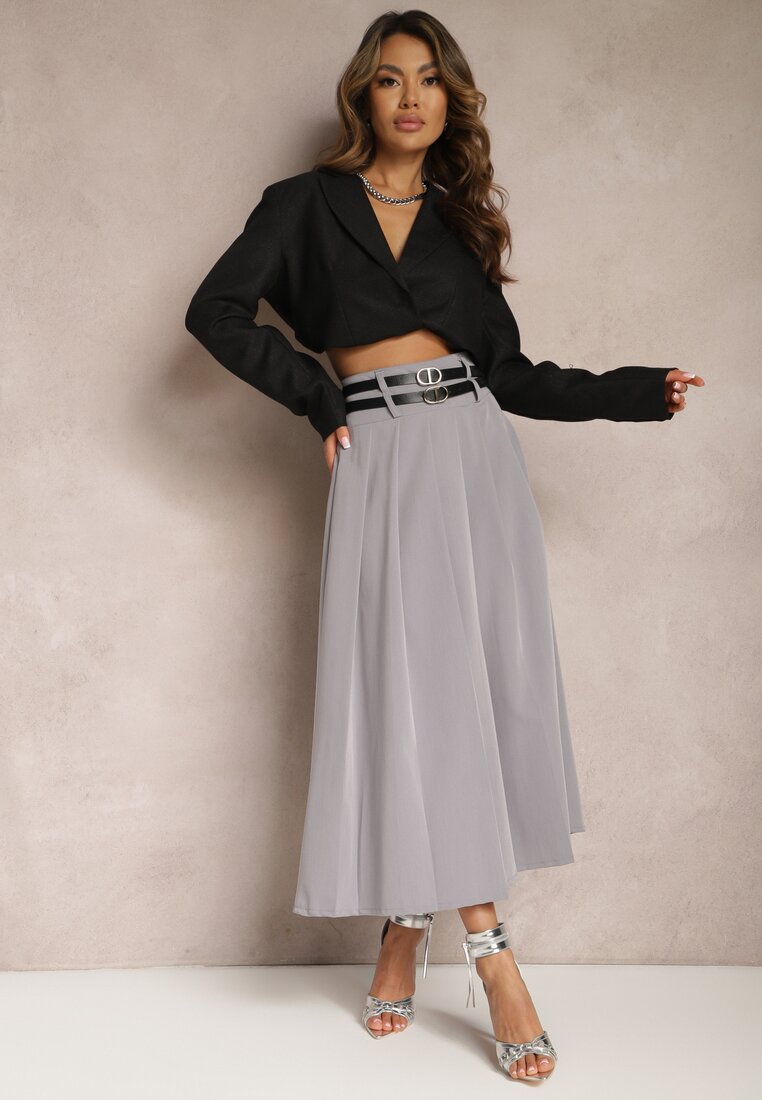 Szara Rozkloszowana Spódnica Plisowana z Dwoma Paskami z Klamrami Jaleara