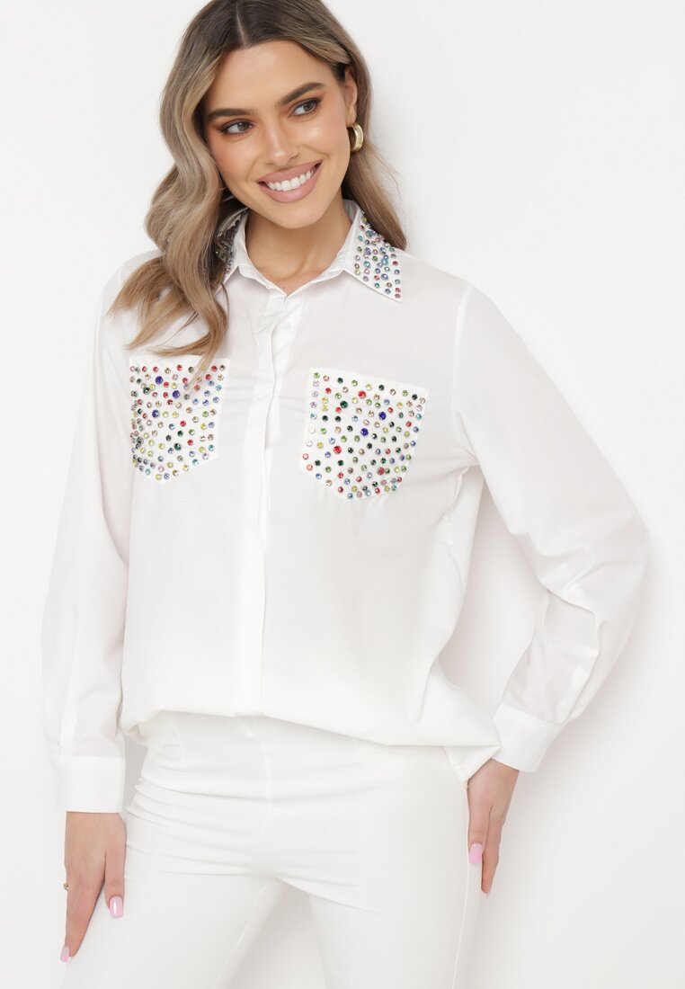 Biała Koszula o Klasycznym Kroju Ozdobiona Cyrkoniami Eiremsa