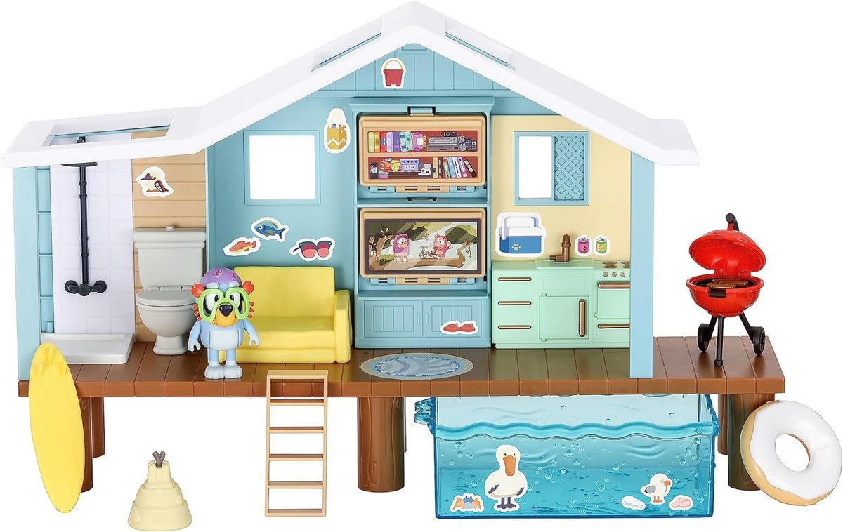 Bardzo duży zestaw z serii Bluey Domek na plaży + figurka Bluey w czepku + akcesoria idealny prezent dla dzieci 3+