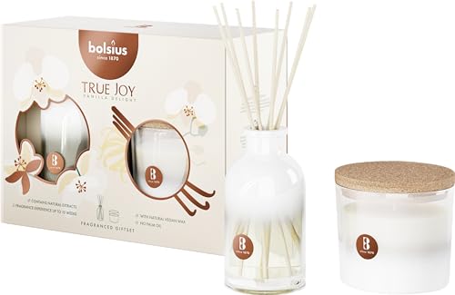 Bolsius - True Joy zestaw prezentowy – świeca zapachowa i pałeczki zapachowe – Vanilla Delight – dekoracyjne świece domowe – długość palenia – naturalny wosk roślinny – bez oleju palmowego