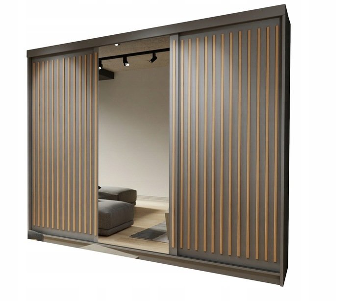 Duża szafa przesuwna ROYAL 250 lustro lamele szara