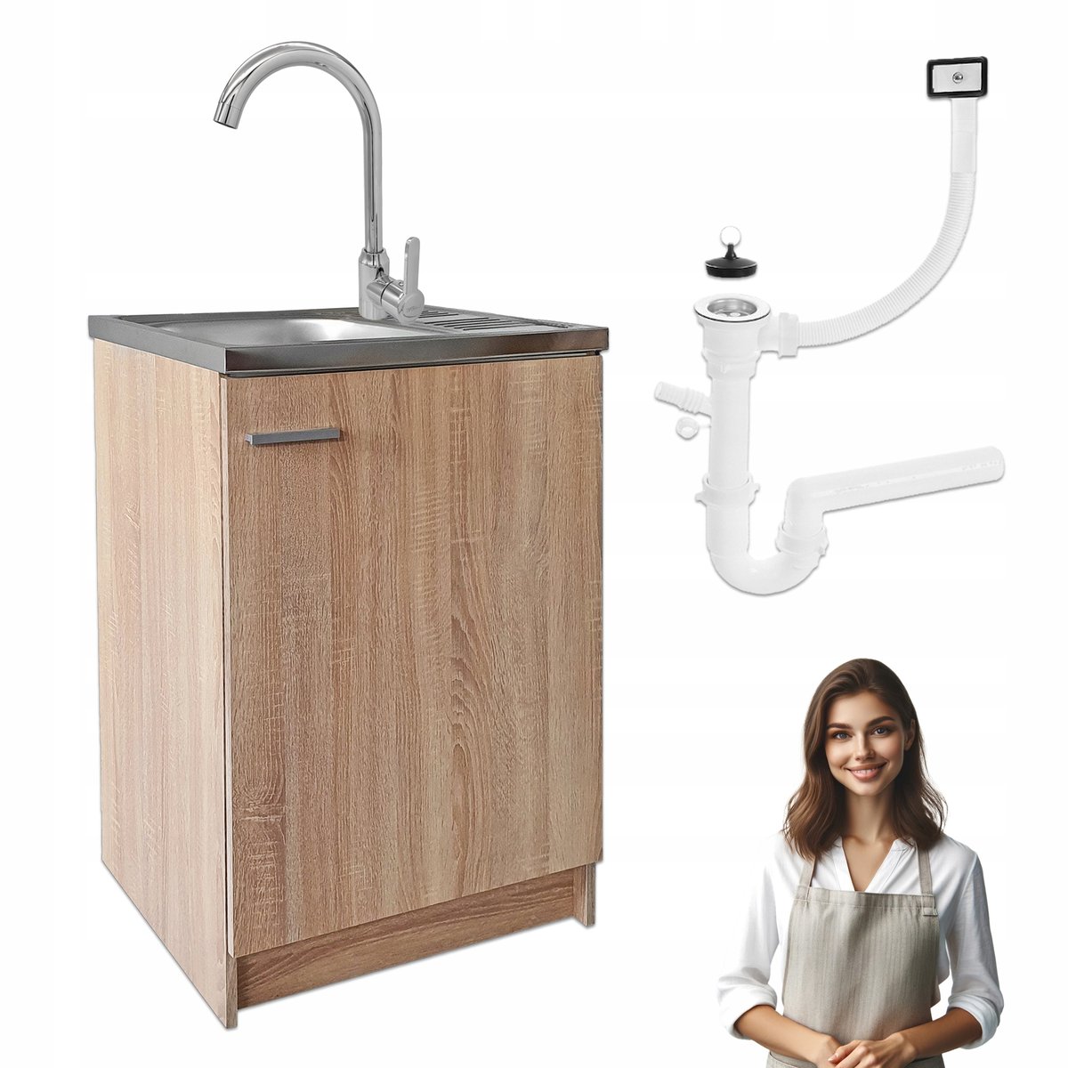 Szafka Kuchenna Sonoma 60 Slim + Zlew Deante + Bateria Wysoka Chrom + Syfon