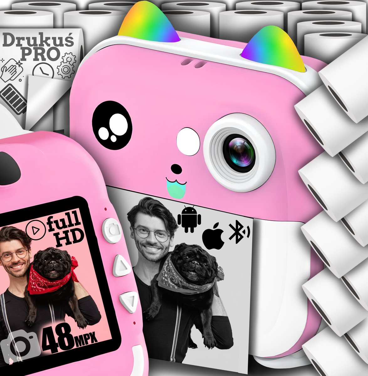 DRUKUŚ PRO MINI DRUKARKA TERMICZNA APARAT NATYCHMIASTOWY + 23 ROLKI DODATKOWO