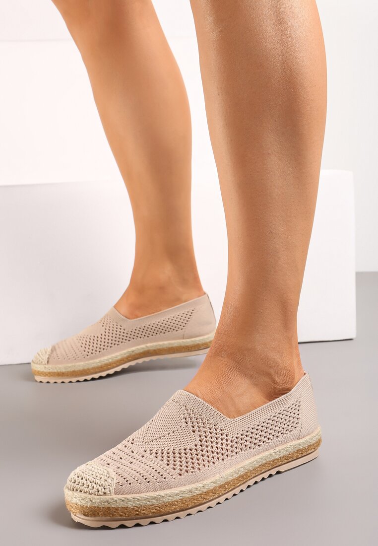 Ciemnobeżowe Espadryle na Plecionej Podeszwie z Ażurową Cholewką Nerit