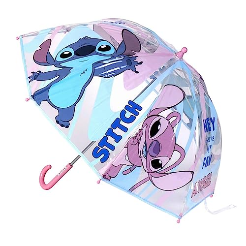 Parasol kopułowy Lilo & Stitch - Druk Stitch i Anioł Dziewczyny - Otwieranie ręczne - Wyprodukowano w 100% POE z ramą z włókna szklanego - oryginalny produkt wyprodukowany w Hiszpanii, Przezroczysty