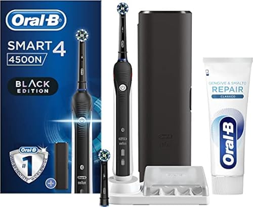 Oral-B Smart 4 4500 Crossaction elektryczna szczoteczka do zębów, 1 podłączony czarny uchwyt, 5 trybów szczotkowania, 2 główki podróżne Premium + pasta do zębów Gengive & Varnish Repair