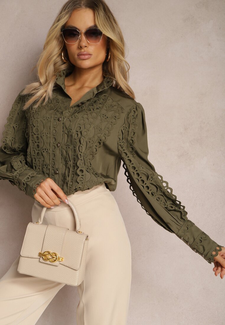 Ciemnozielona Ażurowa Koszula z Elegancką Stójką Manuella