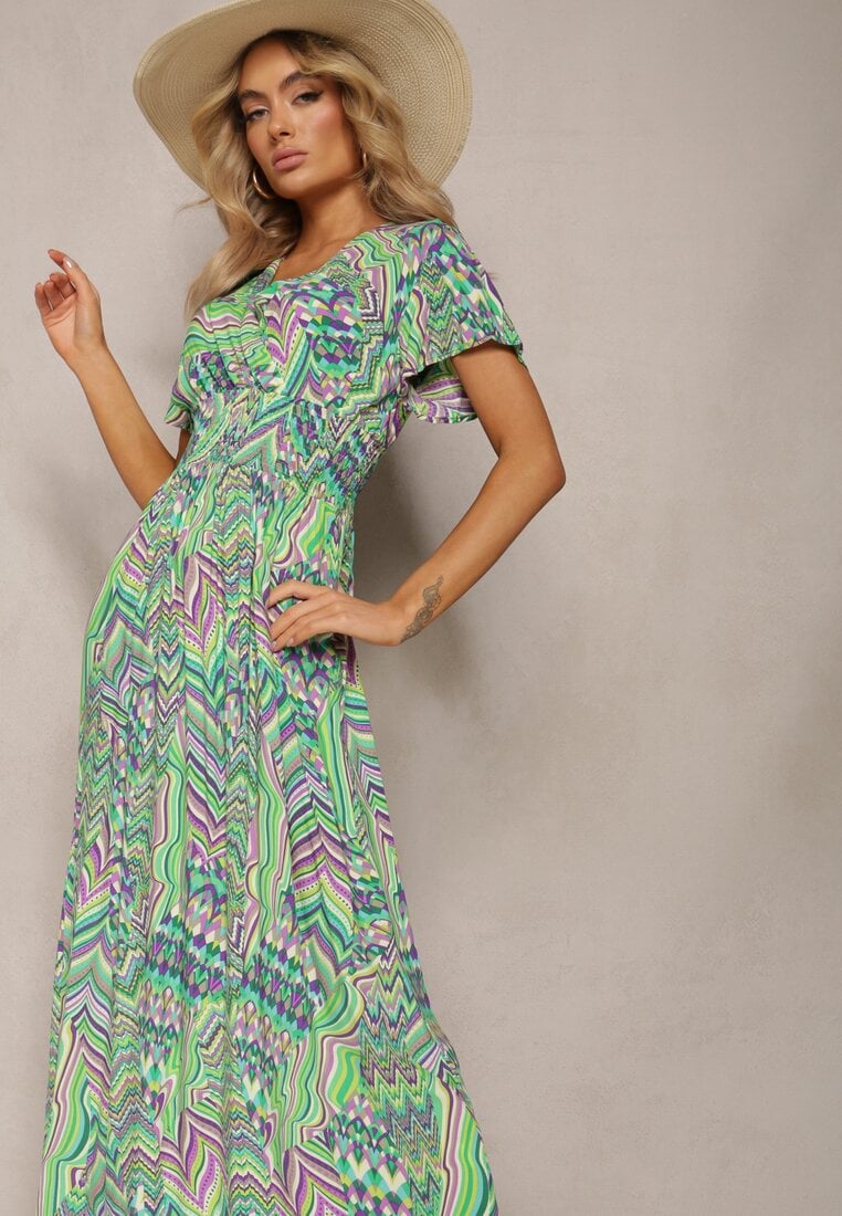 Zielona Długa Sukienka z Kopertowym Dekoltem i Gumką w Pasie z Wiskozy Eriselle