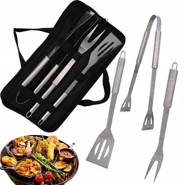 ﻿3x Akcesoria Grillowe Łopatka Szczypce Widelec Zestaw na Grill Ruszt + Etui