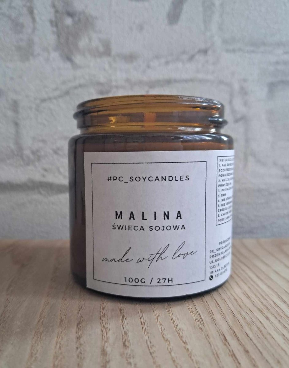 Świeca Sojowa Zapachowa Malina 120ml 27h Drewniany Knot