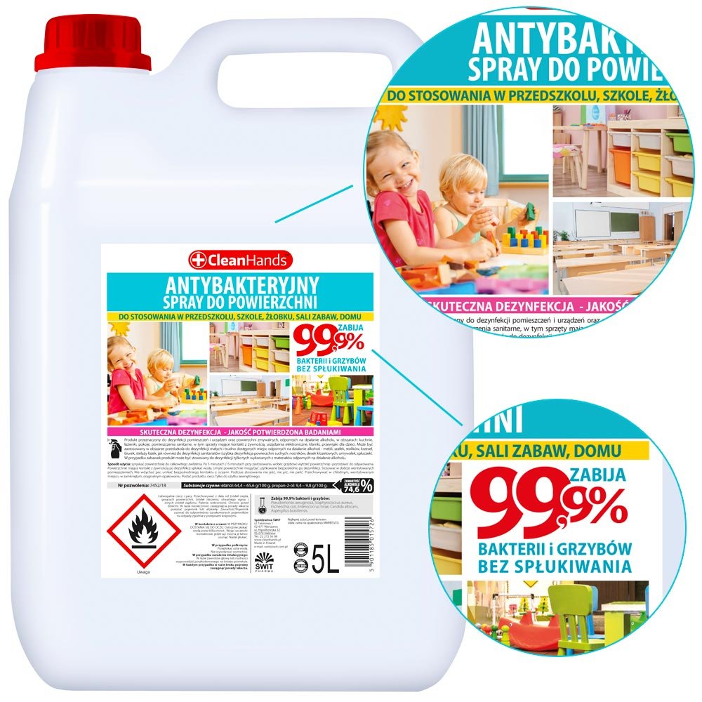 PŁYN DO DEZYNFEKCJI POWIERZCHNI W PRZEDSZKOLU SZKOLE ŻŁOBKU CleanHands 5L