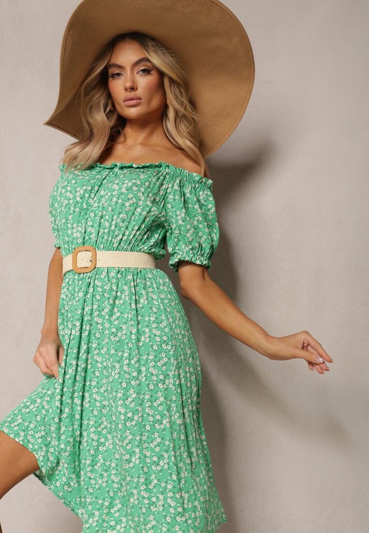 Zielona Wiskozowa Sukienka Midi w Kwiatowy Wzór z Hiszpańskim Dekoltem Agirala
