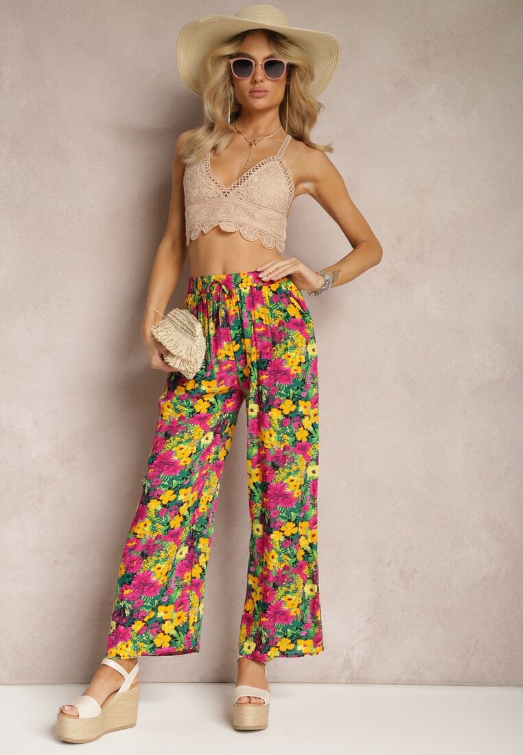 Żółte Wiskozowe Spodnie z Prostą Nogawką High Waist w Kwiatowy Wzór Zaranima