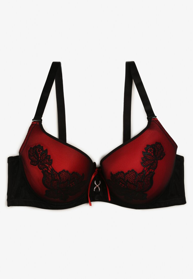 Czarno-Czerwony Biustonosz Ozdobiony Koronką Full Cup Pasecia