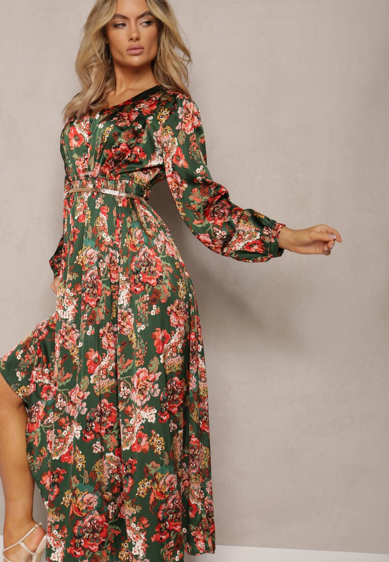 Ciemnobeżowa Rozkloszowana Sukienka Długa z Plisami w Kwiatowy Print Toada