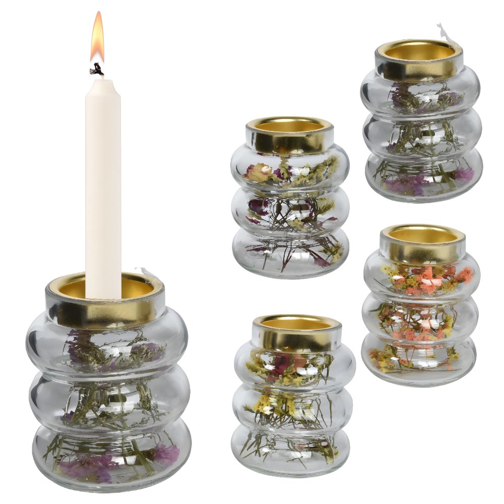 Świecznik szklany bańki z suszonymi kwiatami 9cm