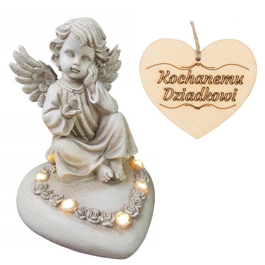 Znicz ANIOŁEK siedzący na sercu podświetlany LED na grób DZIADKA 18 CM