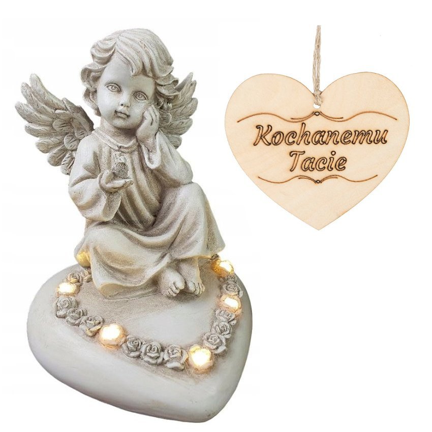 Znicz ANIOŁEK siedzący na sercu podświetlany LED na grób TATY 18 CM