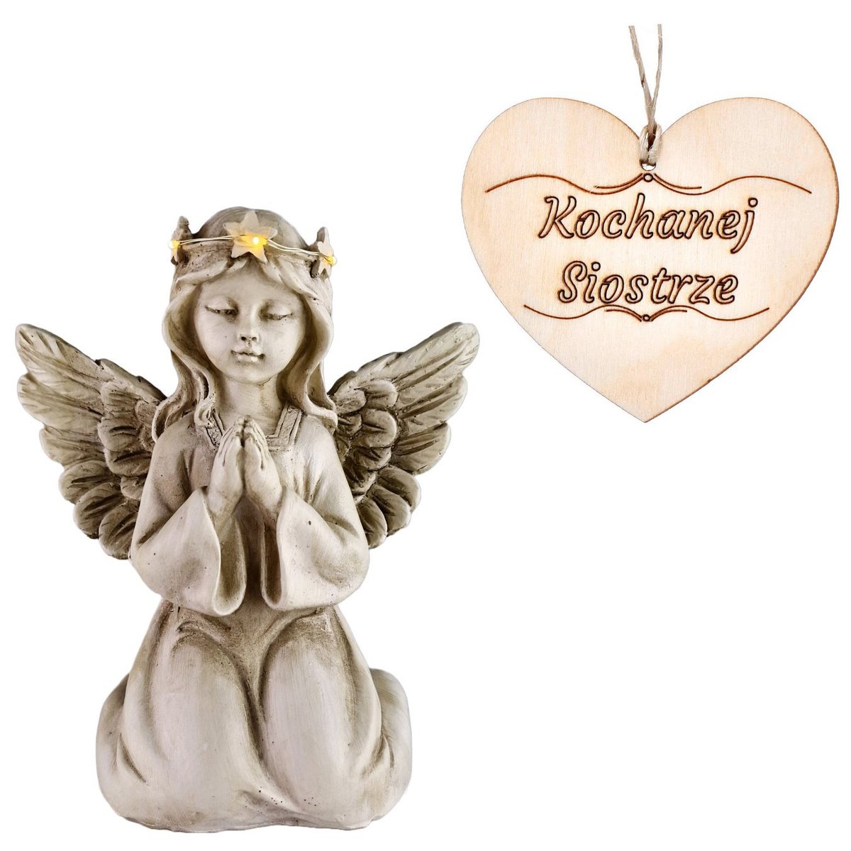 ZNICZ ANIOŁ STRÓŻ klęczący świecąca korona do ogrodu lub na grób SIOSTRY 18 CM