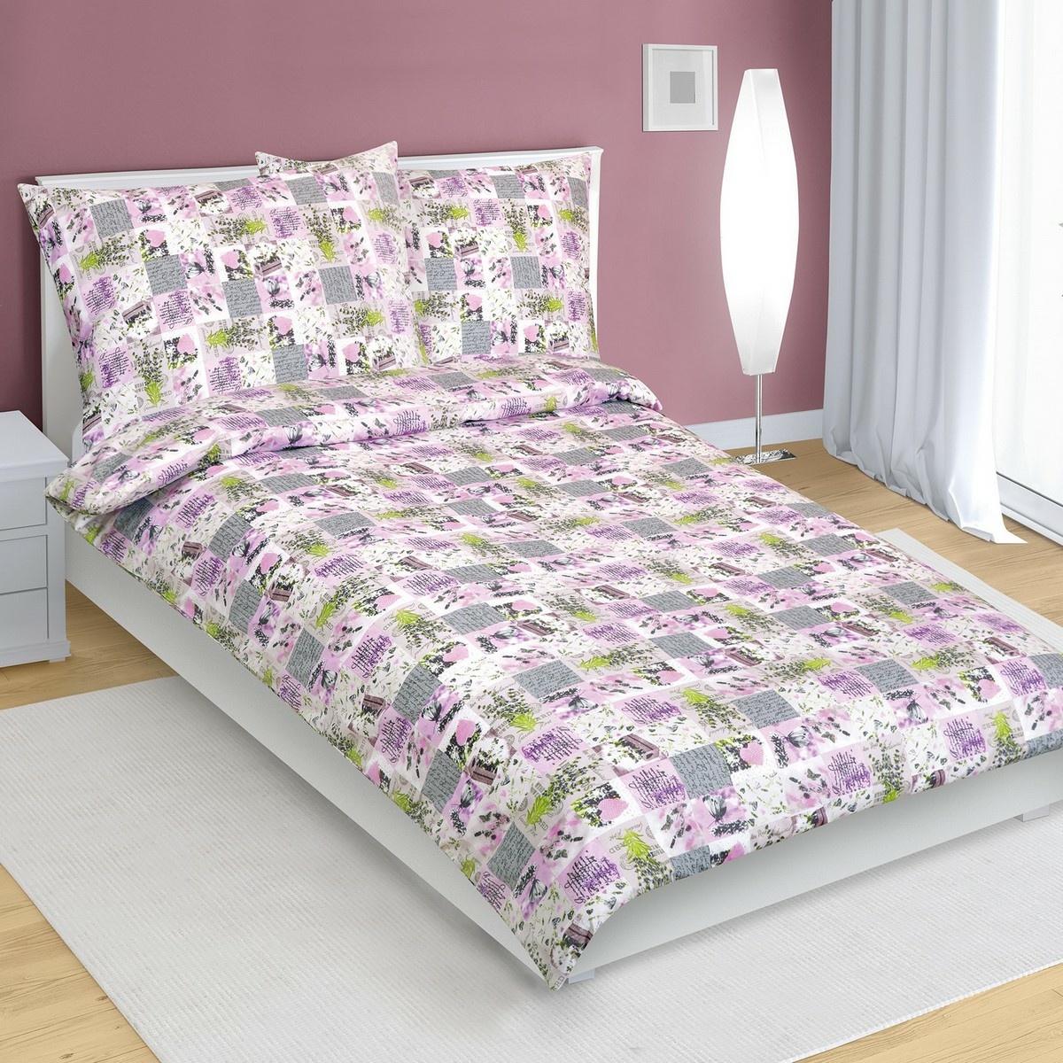 Bellatex Pościel bawełniana Patchwork liliowy, 140 x 220 cm, 70 x 90 cm