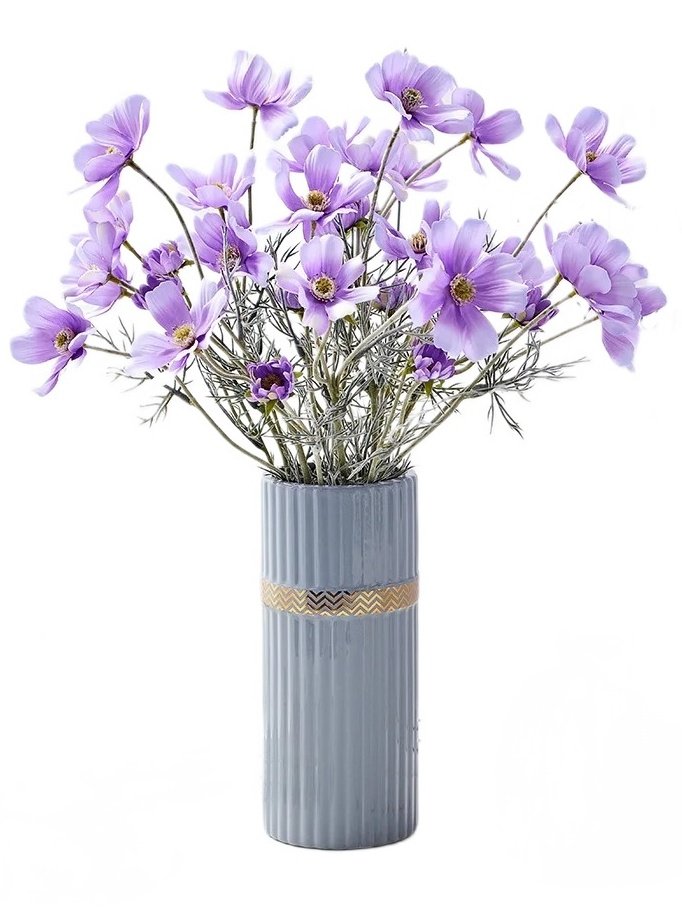 Wazon Ceramiczny Błękitny Złoty Prążkowany Wysoki Na Kwiaty Trawę Ozdoba W03