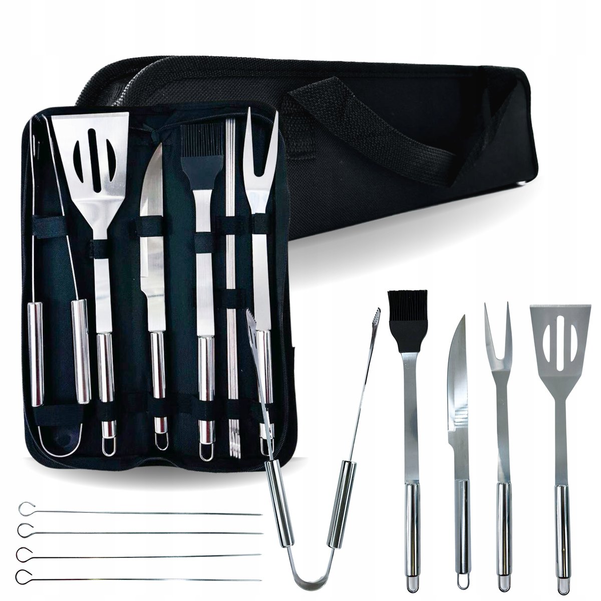 AKCESORIA PRZYBORY DO GRILLA SZTUĆCE ZESTAW GRILLOWY 9W1 +ETUI BBQ STALOWE
